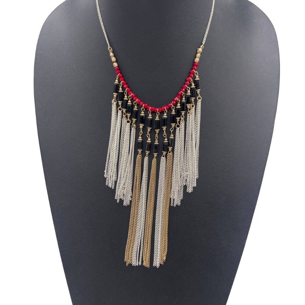 Abercrombie & Fitch Red Black Beaded Tassel Statement Necklace Trible Hippie